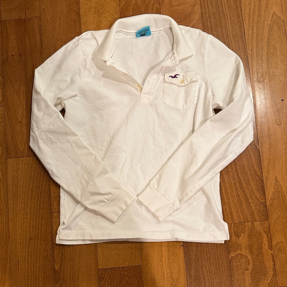 Hollister White Large Long Sleeve Polo‎ Shirt Women's 100% Cotton Y2K